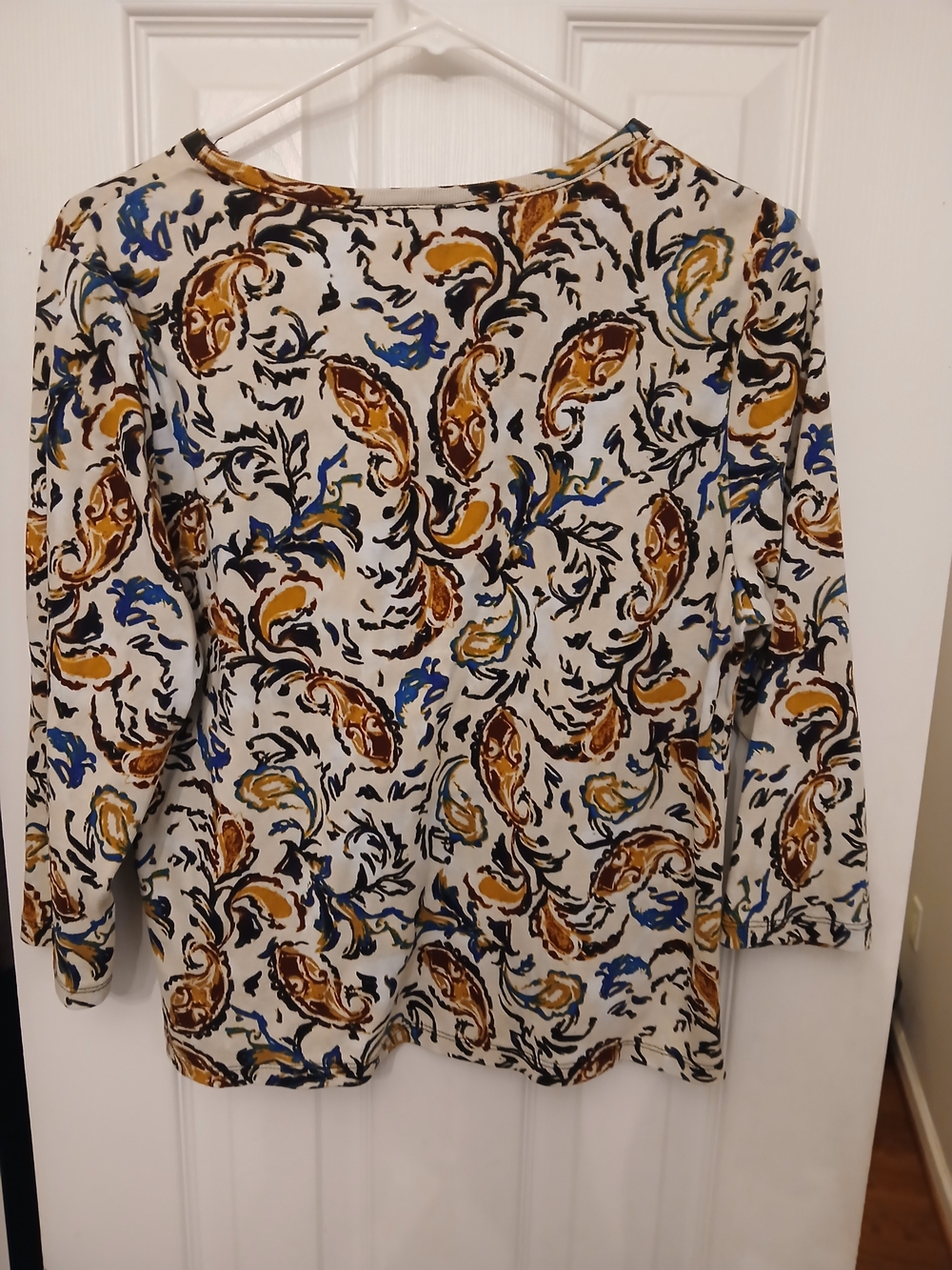 Rafaella Paisley Print Faux Leather Trim Zip Neck Top White & Blue Large